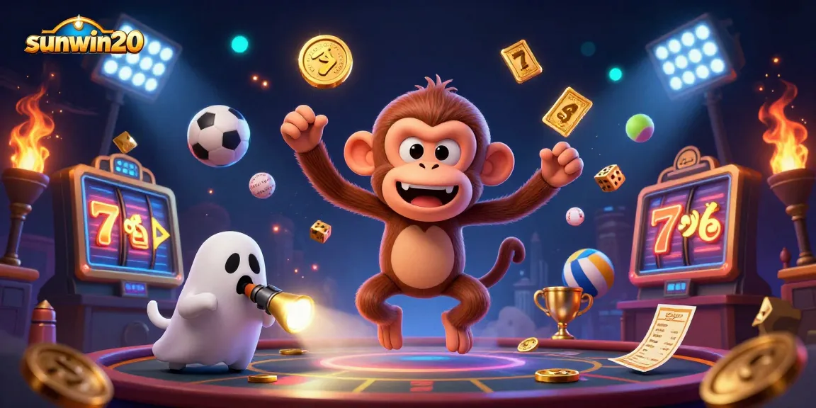 Experience the excitement of sunwin20 as playful golden coins and gaming symbols swirl in a vibrant casino scene.