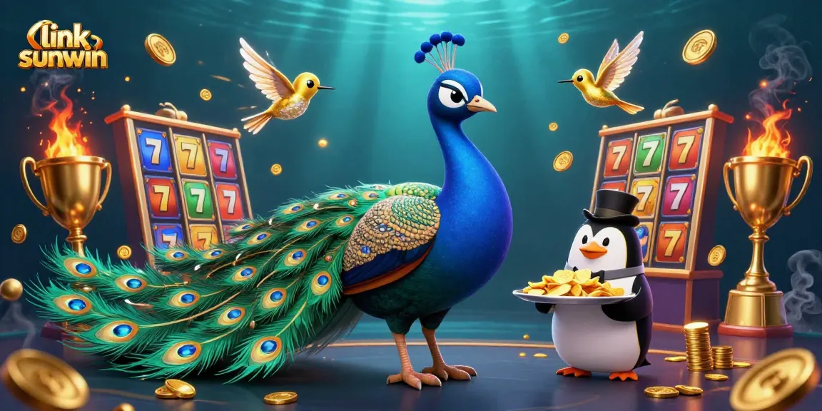 Win big with link sunwin as the peacock, butler penguin, and hummingbird celebrate a vibrant casino scene.