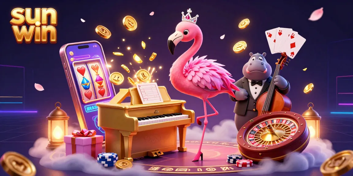 Engage with sun win's vibrant casino scene showcasing a flamingo singer and hippo bassist.